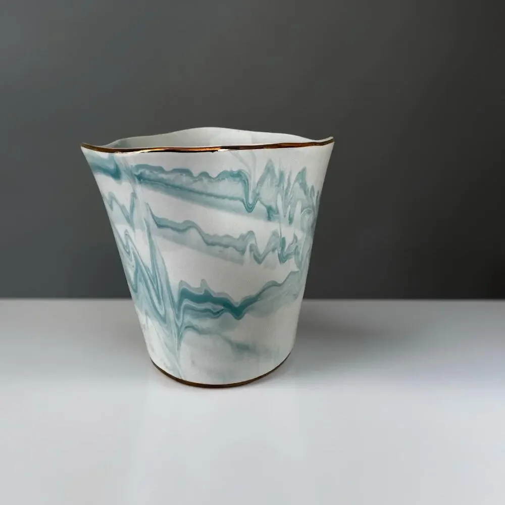 Small Blue Marble Porcelain Cachepot Planter | White & Aqua Swirl Vase Gold Trim